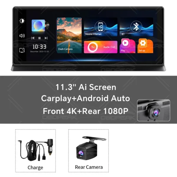 GARNAVI 11.3 inch Car DVR 4K Dash Cam Dual Lens Wireless Carplay & Android Auto Video Recorder Monitor GPS Navigation 5G Wifi FM AUX - Image 7