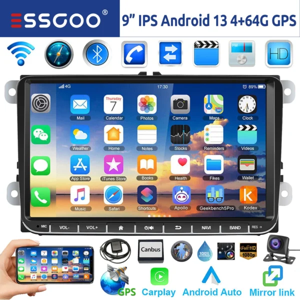 GARNAVI 9" Android 14 4G+64G Wireless Carplay Car Stereo GPS NAVI WIFI RDS FM BT EQ for VW Golf 5 6 Passat Polo Touran Tiguan Caddy EOS - Image 12