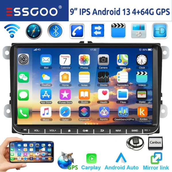 GARNAVI 9" Android 14 4G+64G Wireless Carplay Car Stereo GPS NAVI WIFI RDS FM BT EQ for VW Golf 5 6 Passat Polo Touran Tiguan Caddy EOS - Image 10