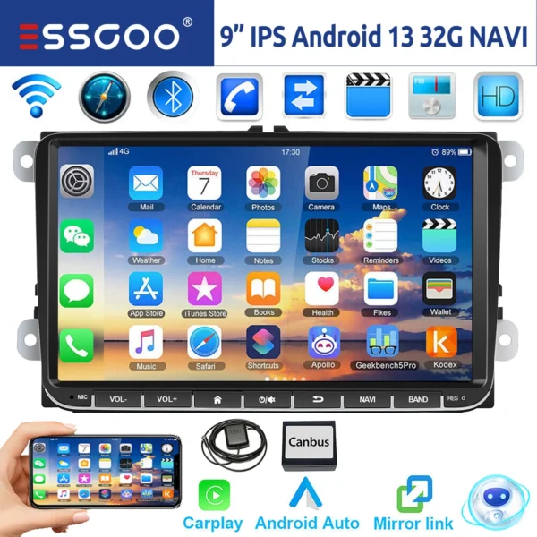 GARNAVI 9" Android 14 4G+64G Wireless Carplay Car Stereo GPS NAVI WIFI RDS FM BT EQ for VW Golf 5 6 Passat Polo Touran Tiguan Caddy EOS - Image 7