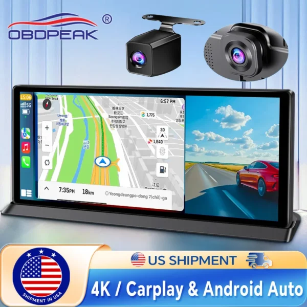 GARNAVI 11.3 inch Car DVR 4K Dash Cam Dual Lens Wireless Carplay & Android Auto Video Recorder Monitor GPS Navigation 5G Wifi FM AUX