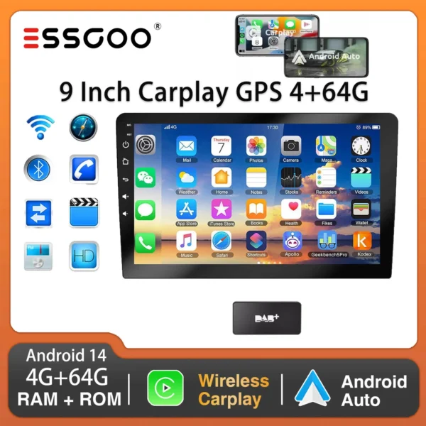 GARNAVI 9Inch 2 DIN Car Stereo Radio Wirless Carplay Android Auto Car Stereo Bluetooth 64G GPS Navigation RDS WiFi USB FM DAB+CAM - Image 12