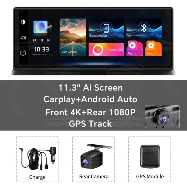 GARNAVI 11.3 inch Car DVR 4K Dash Cam Dual Lens Wireless Carplay & Android Auto Video Recorder Monitor GPS Navigation 5G Wifi FM AUX - Image 8